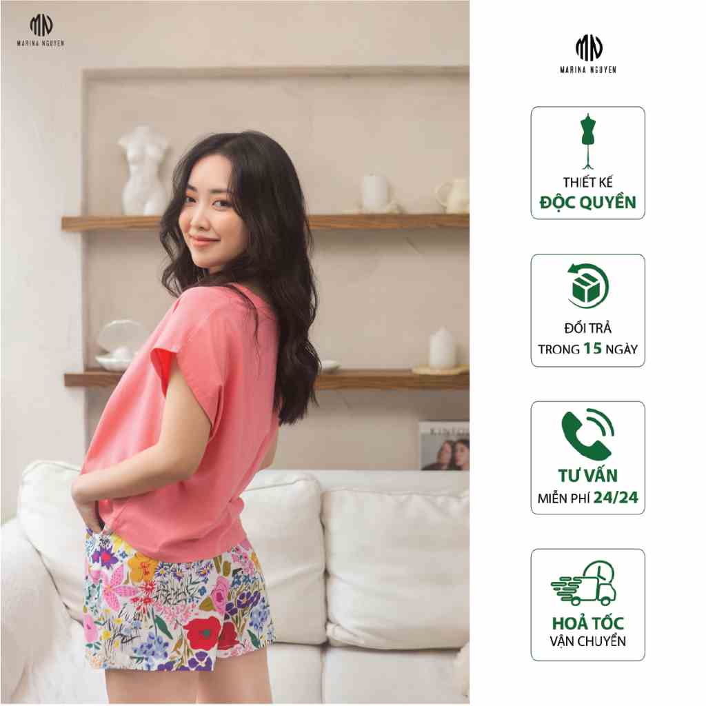 Đồ Bộ Nữ MARINA NGUYỄN, Cổ tròn, Tay Ngắn, Vải Cotton mịn, Thoáng Mát 323-005