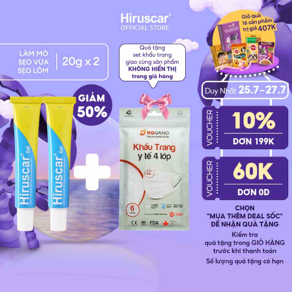 Bộ 2 Gel cải thiện sẹo vừa, sẹo lõm, sẹo thâm Hiruscar Gel 20g + Gift Khẩu trang