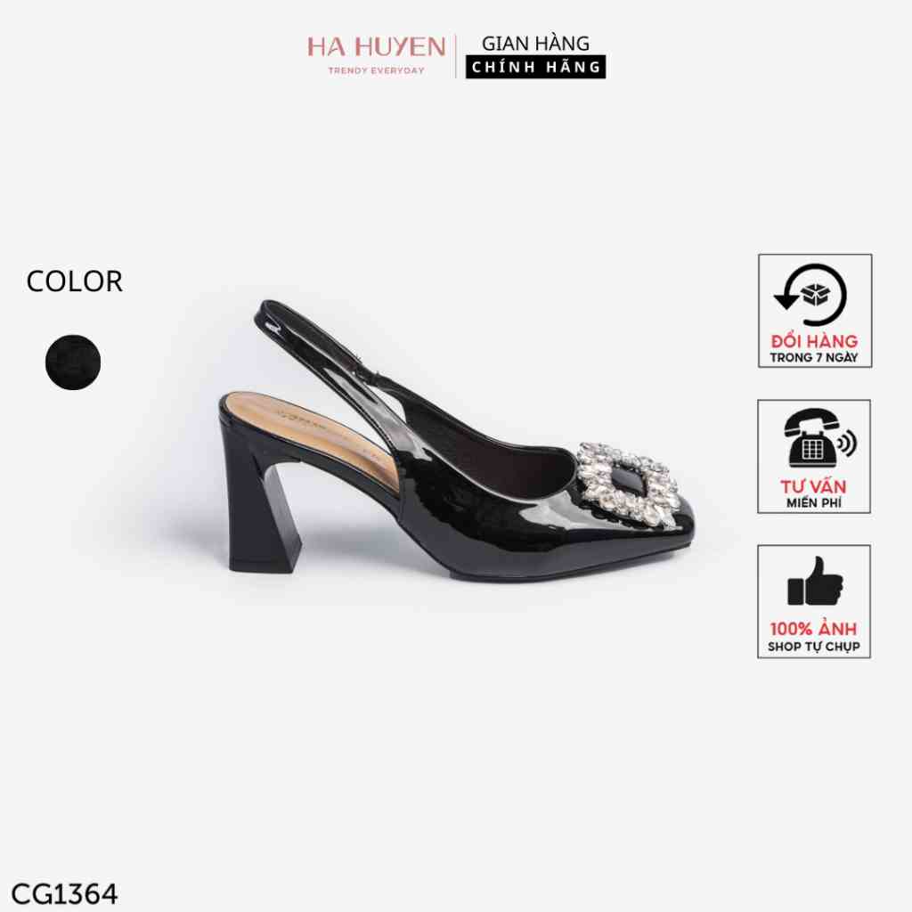 [Mã BMLTB200 giảm đến 100K đơn 499K] Giày cao gót nữ Hà Huyền Shoes da bóng đính đá gót vuông 8 phân - CG1364