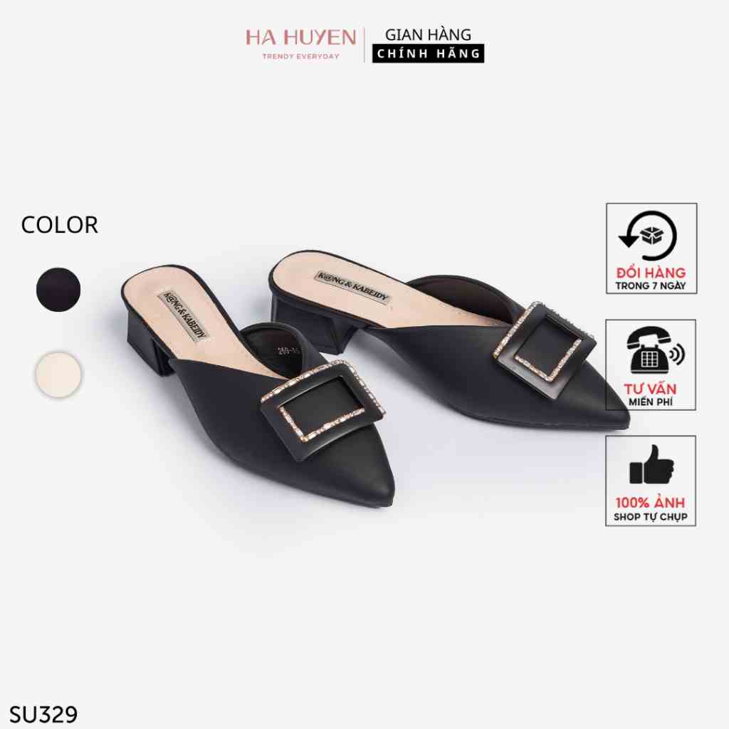 [Mã BMLTB200 giảm đến 100K đơn 499K] Sục cao gót nữ Hà Huyền Shoes chất da mũi nhọn khóa nhựa gót vuông 5 phân - SU329