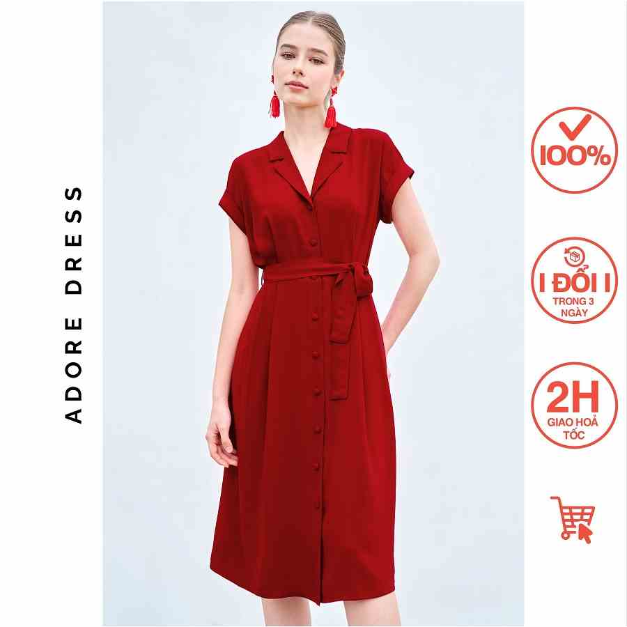 Đầm Midi dresses tuytsy trơn navy, đỏ  xếp ly eo 311DR2020 ADORE DRESS