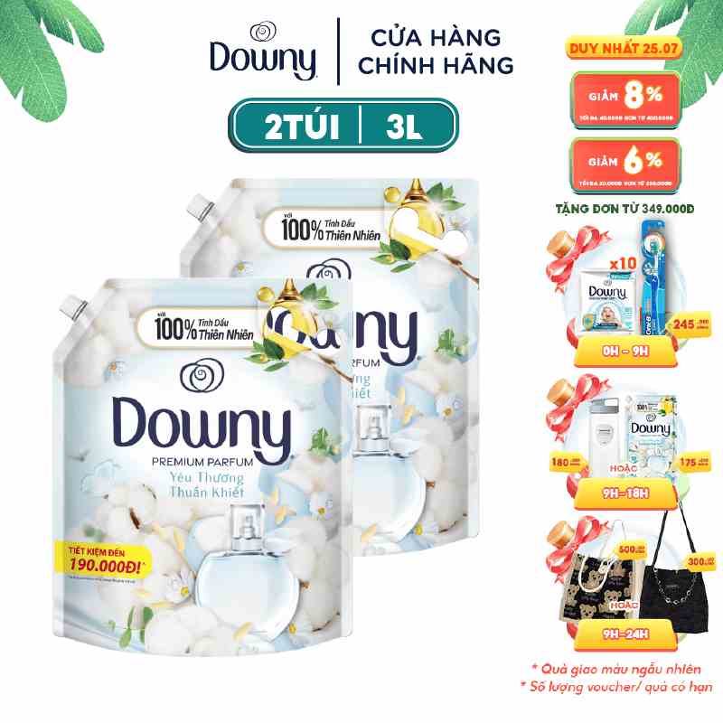 Combo 2 Túi Nước Xả Vải Downy Tinh Dầu Nước Hoa Cao Cấp Hương Yêu Thương Thuần Khiết 3L/túi