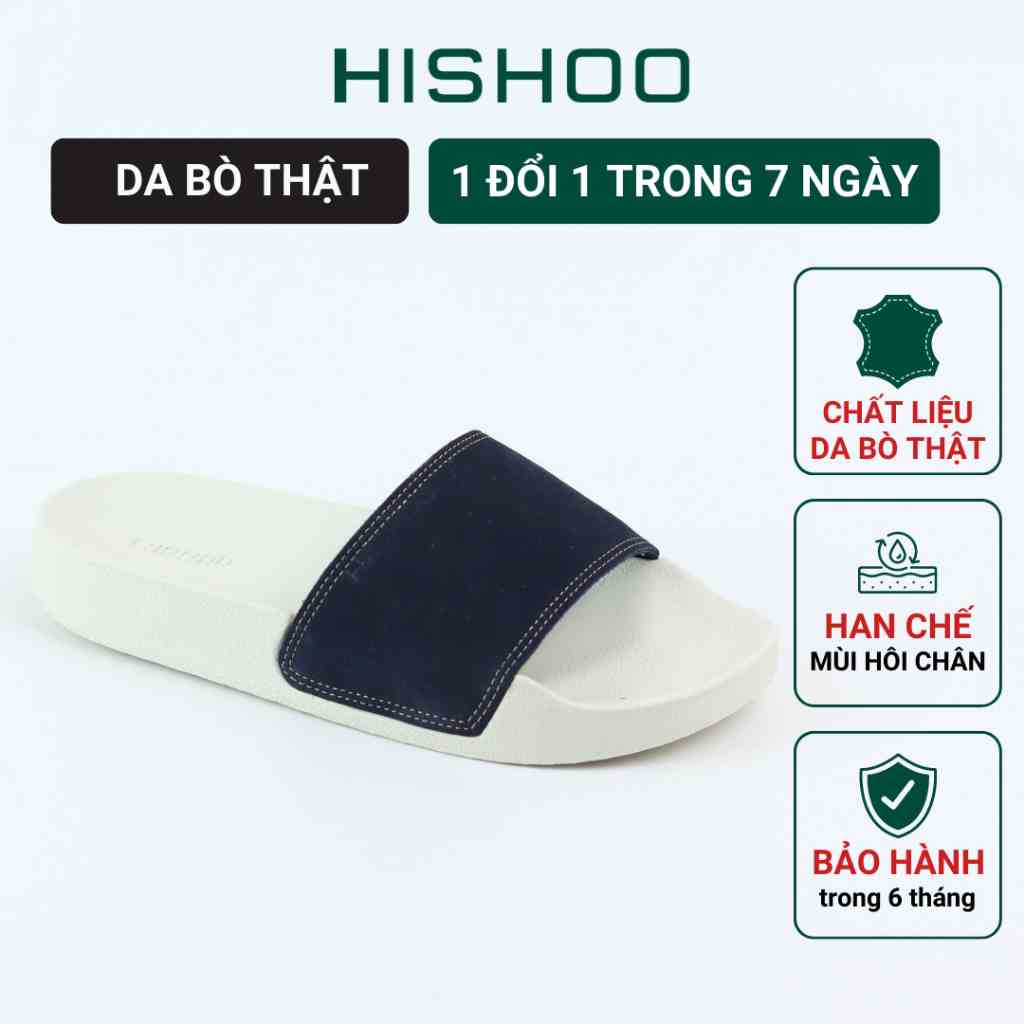 Dép quai ngang slipper Xanh Navy cao cấp nam, nữ  HISHOO siêu nhẹ da Nubuck thời trang size 33 - 45 U444