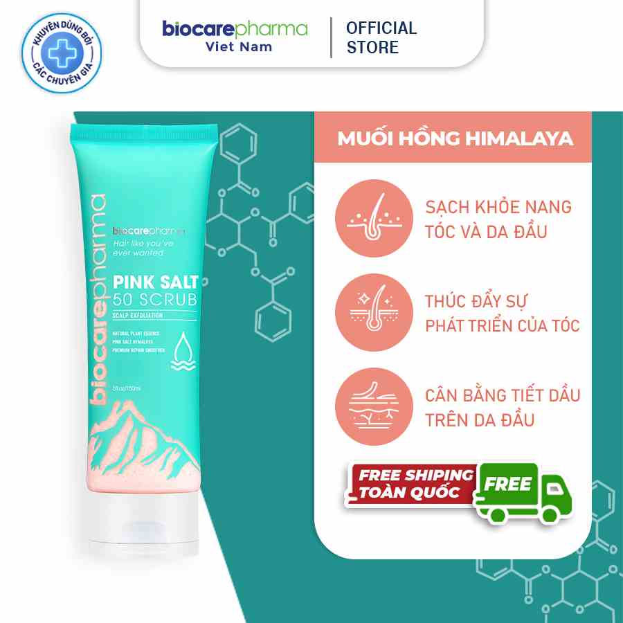 Tẩy tế bào chết da đầu muối hồng Himalaya - Biocare Pharma - Giảm gàu - giảm bết tóc - giúp phồng tóc - 50gr và 150gr.