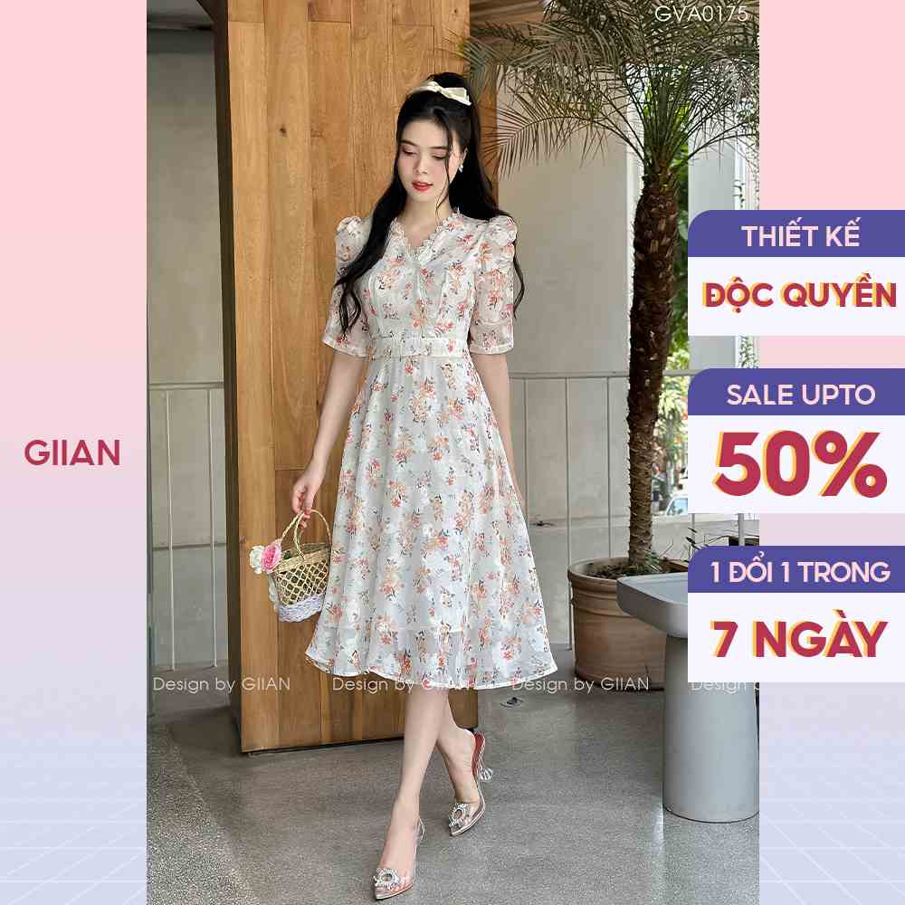 Váy hoa nhí dáng xòe nhún ngực phối ren cổ tay bồng thương hiệu Giian - VA0175