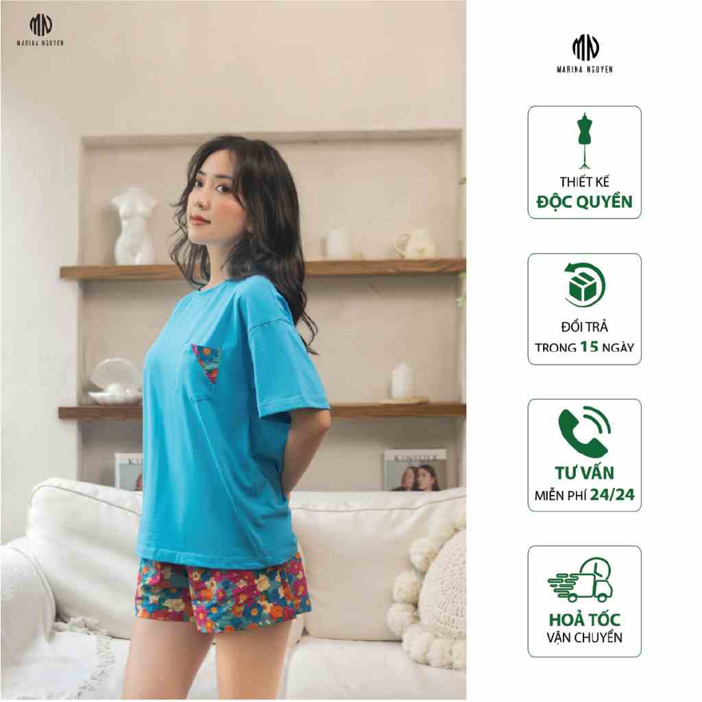 Đồ Bộ Nữ MARINA NGUYỄN, Cổ tròn, Tay Ngắn, Vải Cotton mịn, Thoáng Mát 323-003