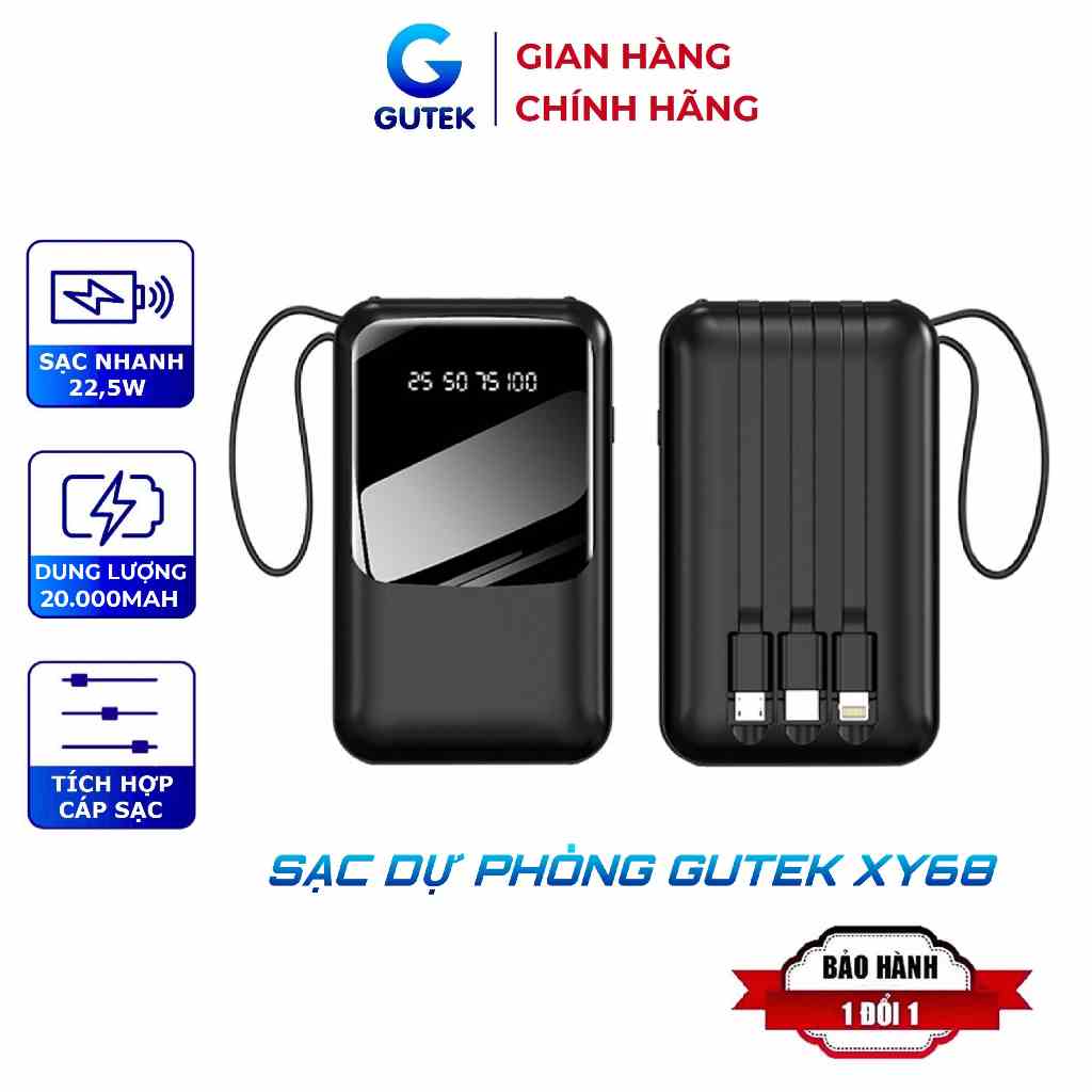 Sạc dự phòng 20000mAh Gutek XY68 dung lượng lớn tích hợp dây sạc nhanh cho nhiều thiết bị điện thoại