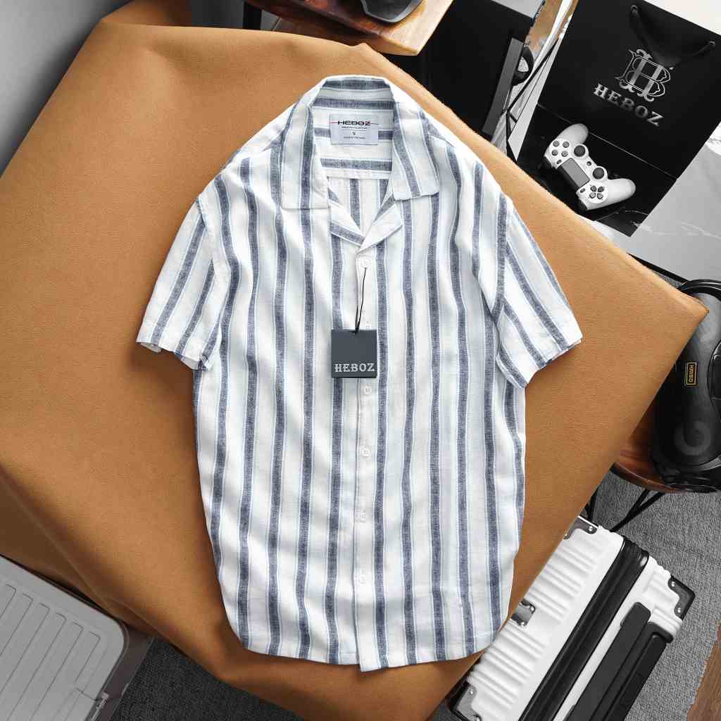 [Mã BMLTB200 giảm đến 100K đơn 499K] Áo sơ mi nam ngắn tay linen Stripe cổ V Heboz 2M cao cấp - 00001646