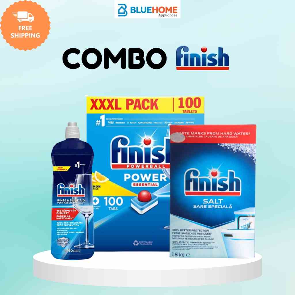 Combo Finish: Viển rửa bát Essential 100 viên + Muối 1.5kg + Bóng 800ml