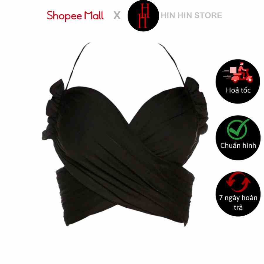 Áo croptop HAC64 nhung màu đen hai dây hở lưng Hỉn Hỉn Store