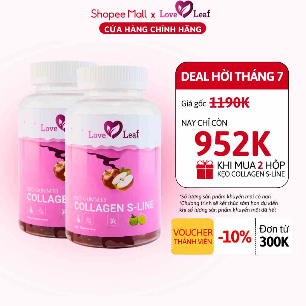 [Combo 2] Hộp Kẹo Dẻo Collagen S-Line Love Leaf Hỗ Trợ Làm Đẹp Da, Dáng Xinh, Hộp 120gr