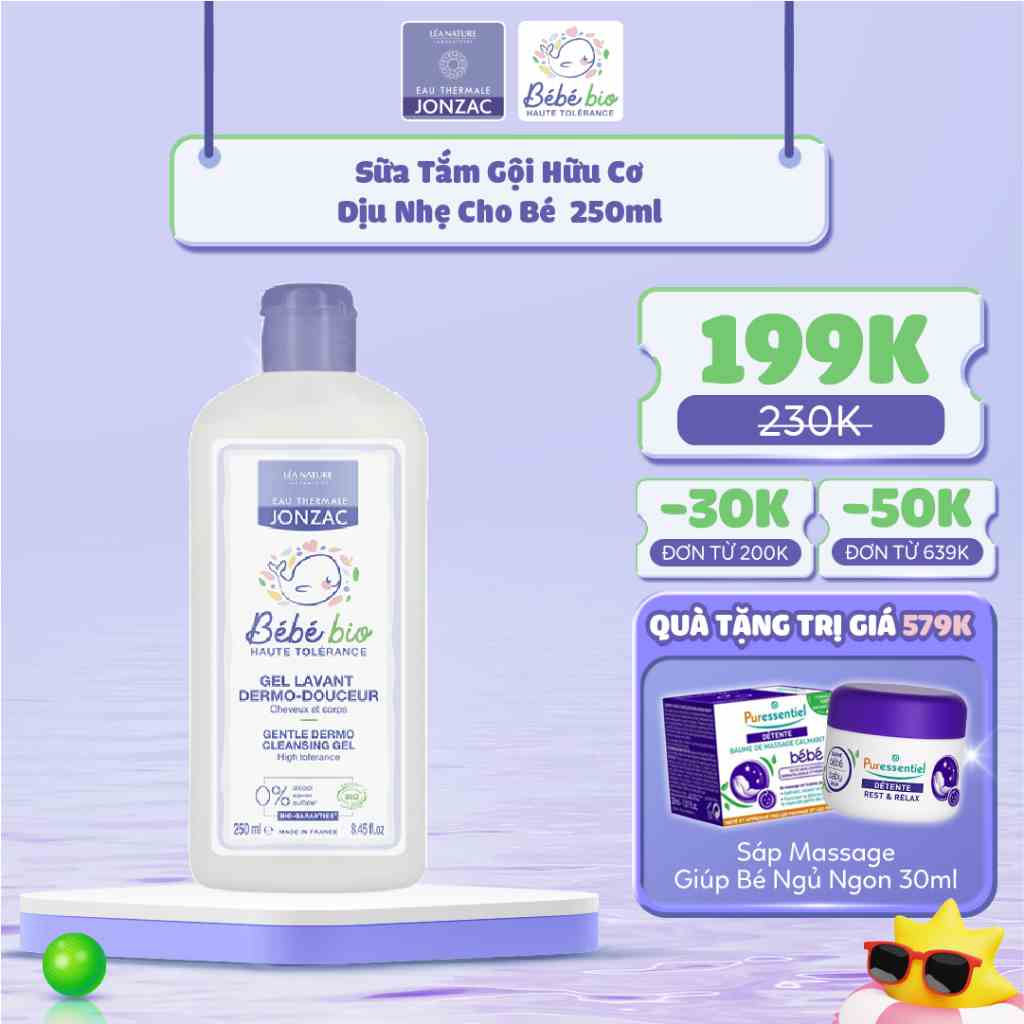 Sữa Tắm Gội Hữu Cơ Dịu Nhẹ Cho Bé Eau Thermale Jonzac Bébé Bio Gentle Dermo Cleansing Gel 250ml