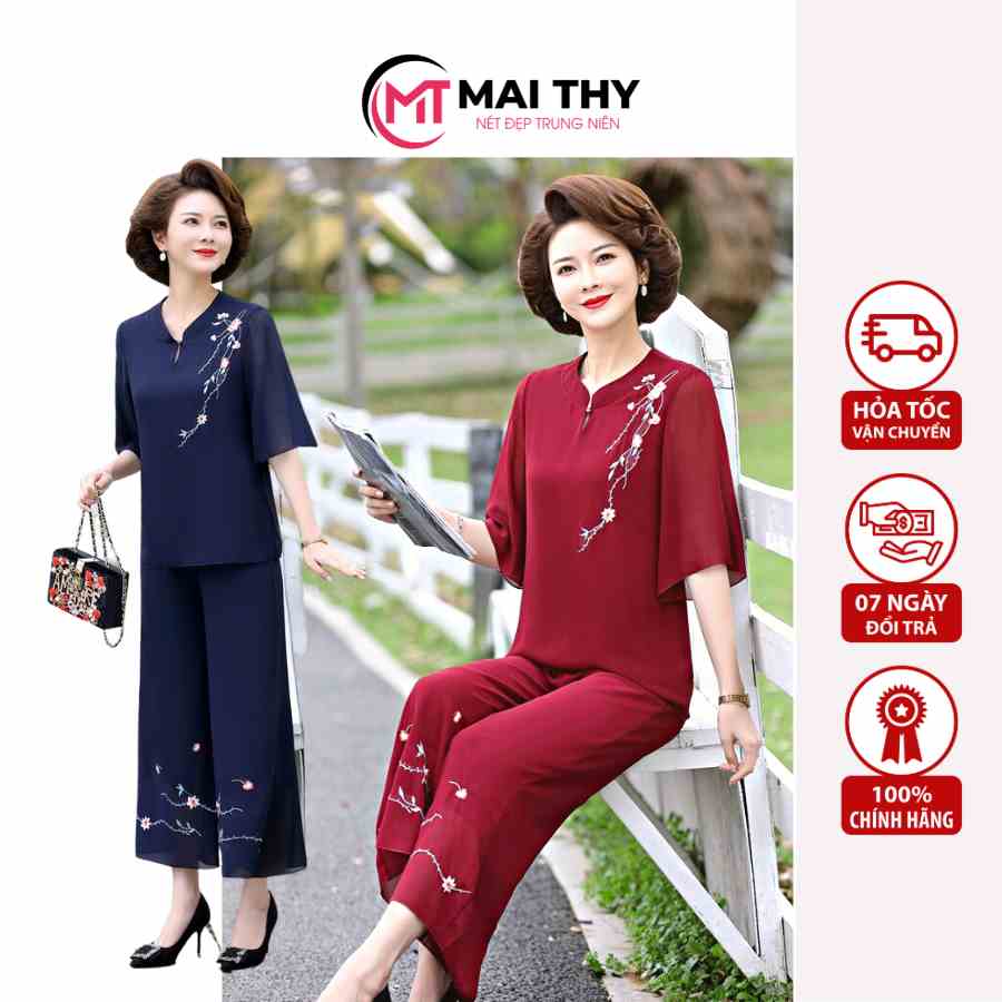 Bộ Trung Niên MAI THY S775, Set Đồ Nữ Trung Tuổi Cho Mẹ Cổ Tàu Hoa Chân Chất Chiffon Quảng Châu | Thời Trang Mai Thy U40