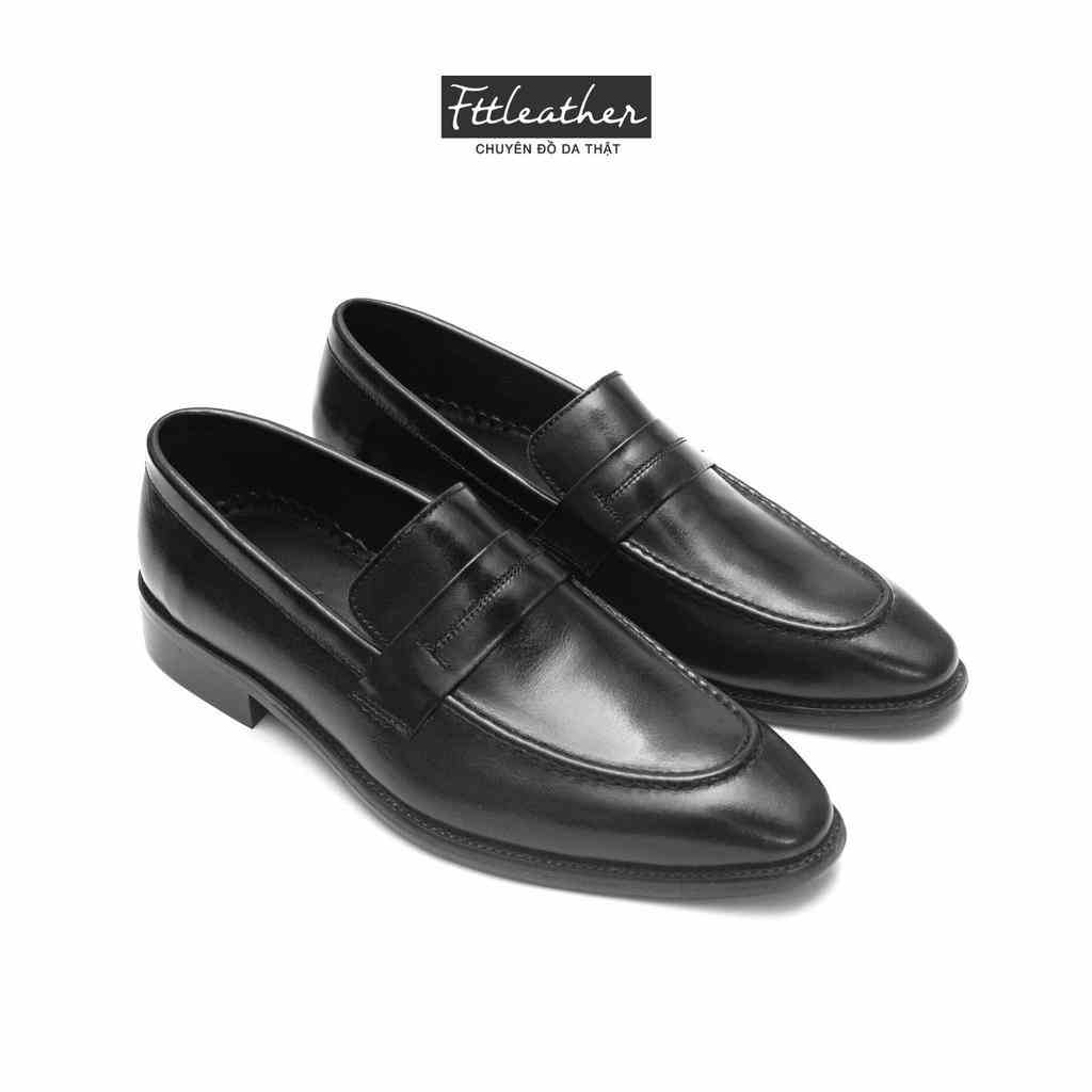 Giày lười da nam công sở dáng Moccasin trơn da bò màu đen đế phíp gỗ FTT Leather mã F632