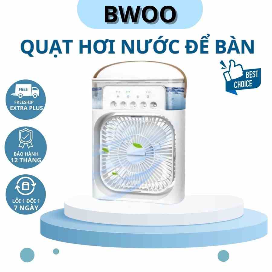 Quạt điều hoà hơi nước mini BWOO Phun Sương Hơi Nước Mini Để Bàn 3 Chế Độ Tích Hợp Đèn Led 7 Màu + 5 Vòi Phun Sương