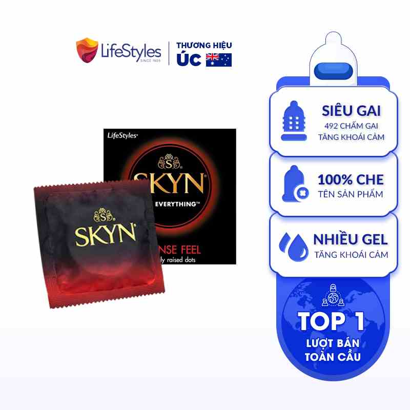 (1 cái dùng thử) Bao Cao Su Non-latex Siêu Gai Lượn Sóng LifeStyles SKYN Intense Feeling Không Mùi Cao Su Nhiều Gel