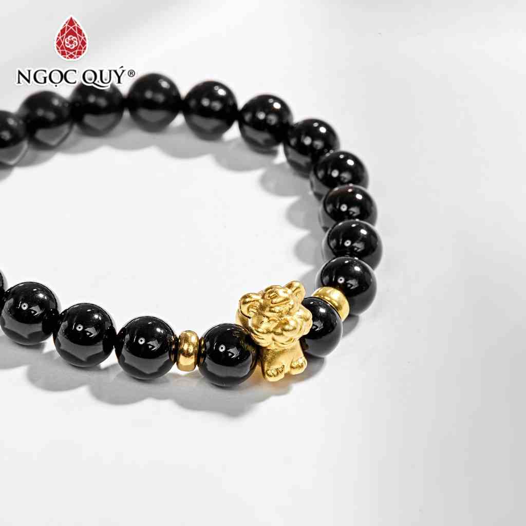 Vòng tay đá obsidian phối charm bạc 12 con giáp mạ vàng - Ngọc Quý