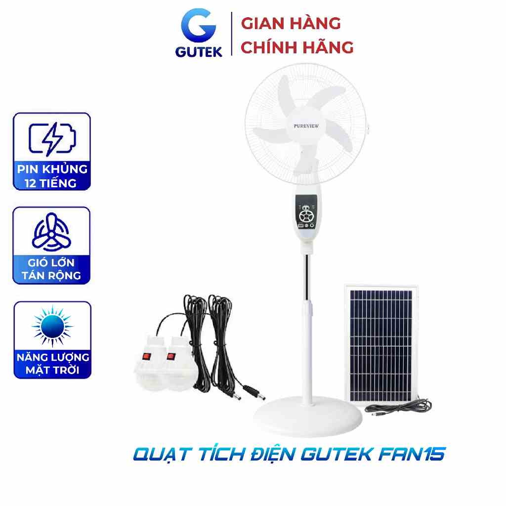 Quạt cây tích điện pin sạc năng lượng mặt trời Gutek Fan15 pin lâu 12 giờ tích hợp đèn led sáng