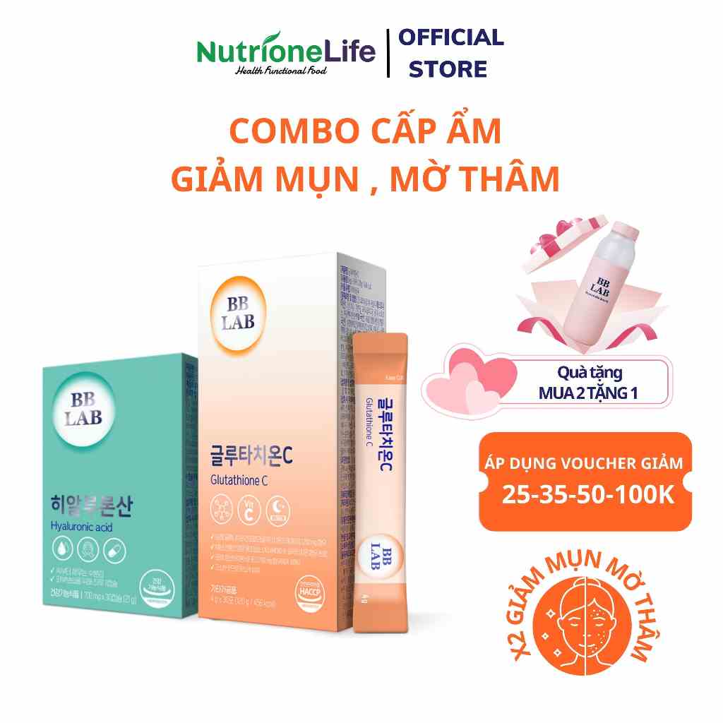 Combo BB LAB Hyaluronic Acid, Glutathione C Cấp Ẩm, Giảm Tiết Dầu, Giảm Mụn, Mờ Thâm 30 Viên- 30 Gói/Hộp