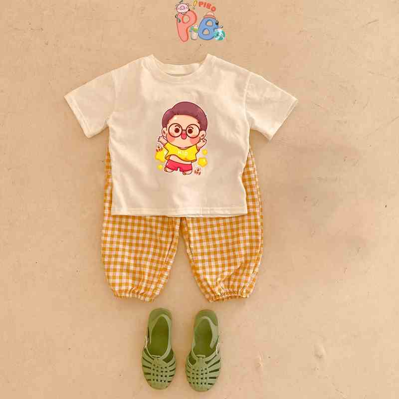 Quần Ống Rộng Kẻ Caro, Áo Thun Cộc Tay Hình In Mập Bé Trai Bé Gái Sành Điệu - BabyBoo - PiBo Store