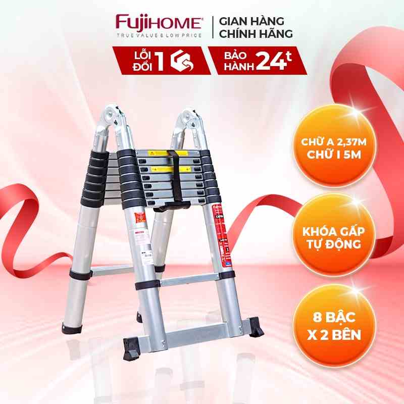 Thang nhôm rút gọn chữ A nhập khẩu FUJIHOME TLA08 chiều cao tối đa 5m - 2x8 bậc - Đế cao su - Bảo hành 24 tháng