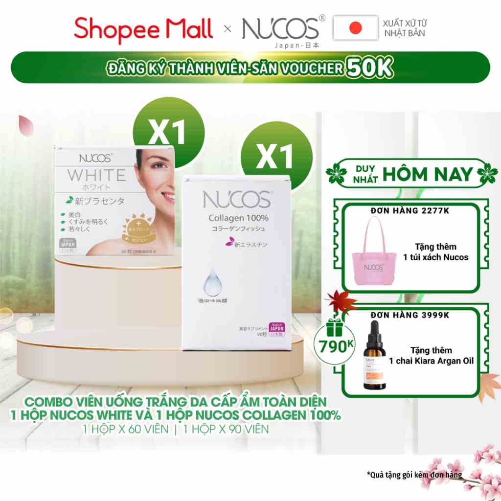 Combo viên uống trắng da cấp ẩm toàn diện Nucos White và Nucos Collagen 100% 2 hộp