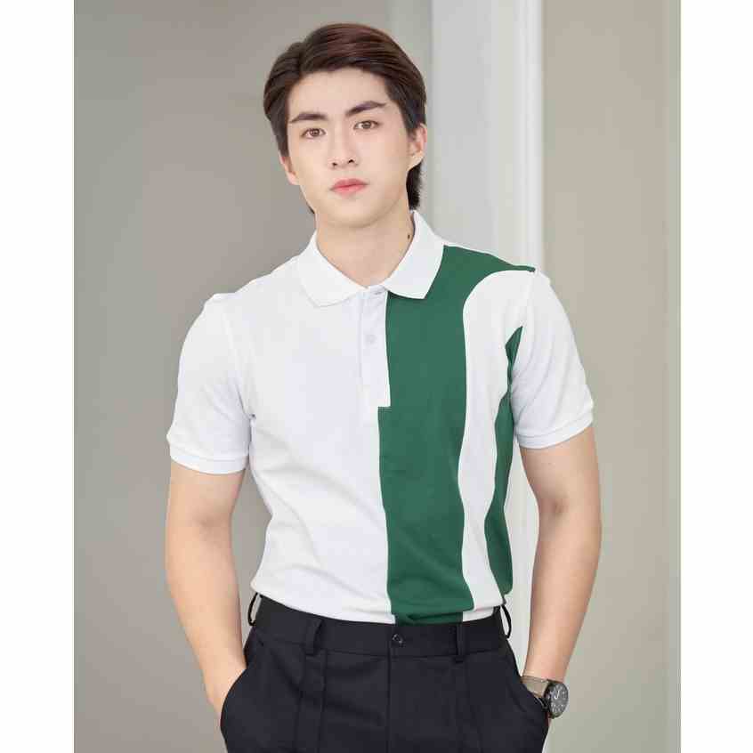 Áo Polo Nam Cổ Bẻ Màu Trắng Phối Sọc Xanh Một Bên Vải Cotton Cá Sấu Xuất Xịn Chuẩn Form Thương Hiệu Mr Twins