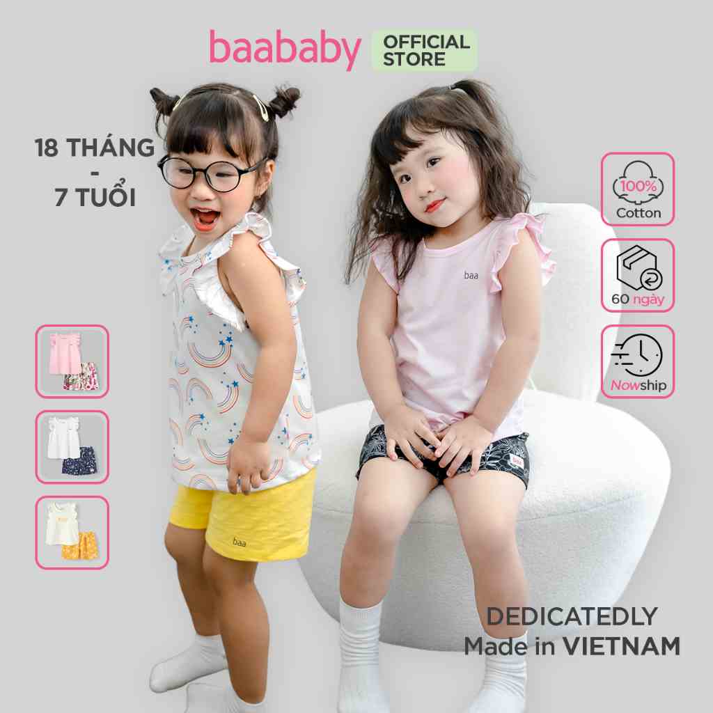 Đồ bộ cho bé gái, bộ cộc tay cho bé, đồ bé gái thun cotton tay cánh tiên cho bé từ 1 tuổi - 7 tuổi - Baa Baby