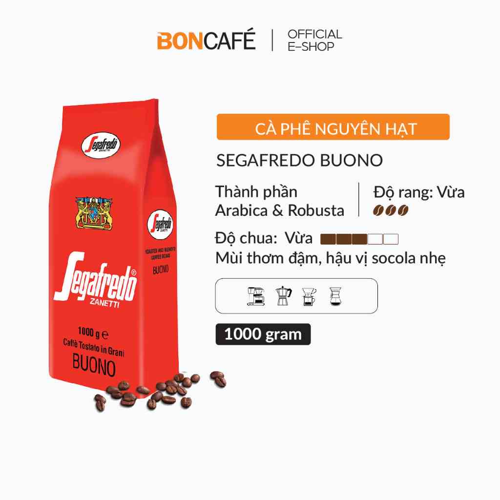 Cà phê hạt nguyên chất Arabica & Robusta rang vừa vị socola đậm đà Segafredo Buono 1kg/gói