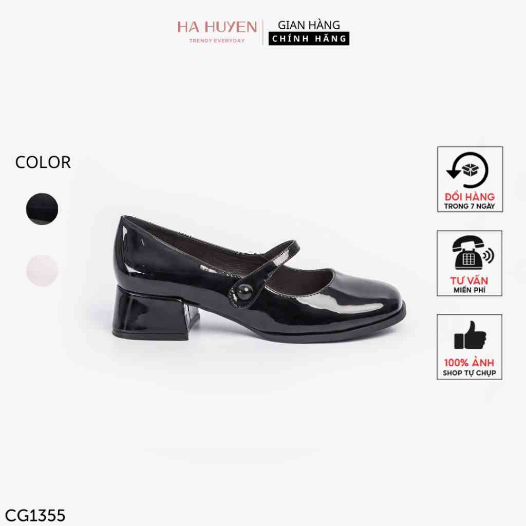 Giày cao gót nữ Hà Huyền Shoes da bóng quai ngang nút ngọc gót vuông 3 phân - CG1355