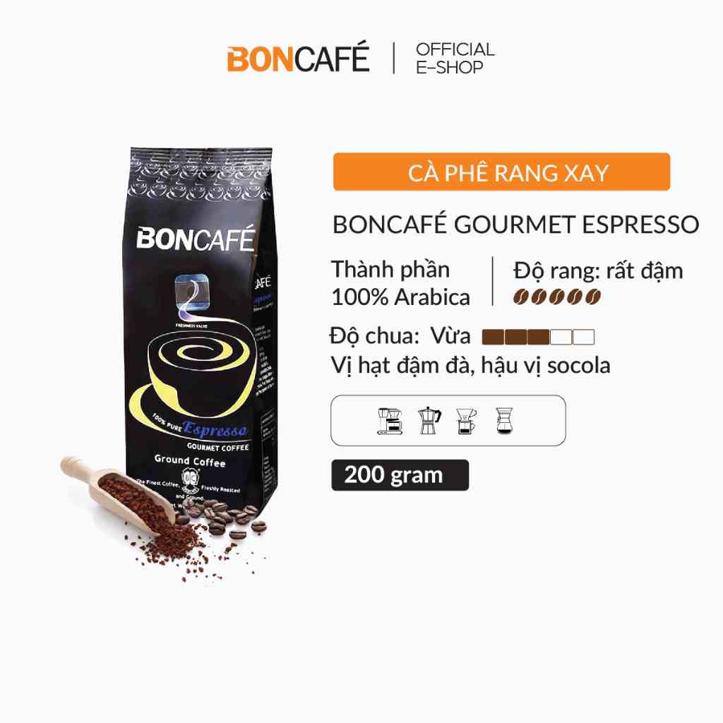 Cà phê rang xay nguyên chất Arabica rang đậm vị socola Boncafé Gourmet Espresso Coffee 200g - Cà phê pha phin, Espresso