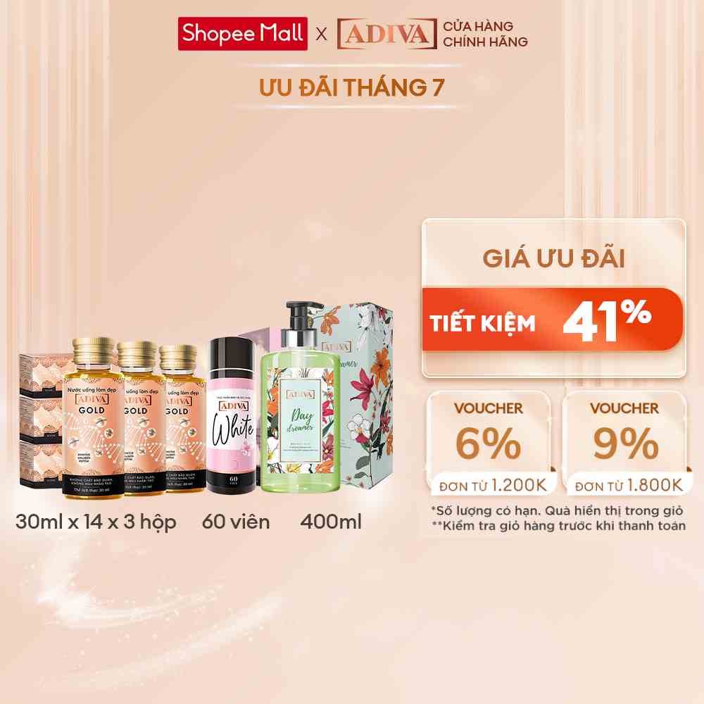 Combo 3 Hộp Collagen ADIVA Gold (14 Chai/Hộp) Tặng Combo Viên Uống Trắng Da White 60 Viên + 1 Sữa Tắm Day Dreamer 400ml