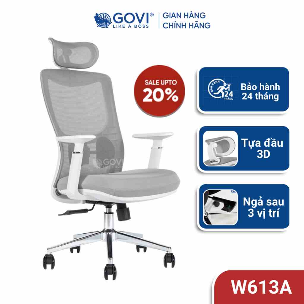 Ghế xoay văn phòng Govi W01A - Tính năng công thái học xoay 360 độ, tựa đầu, nâng hạ độ cao