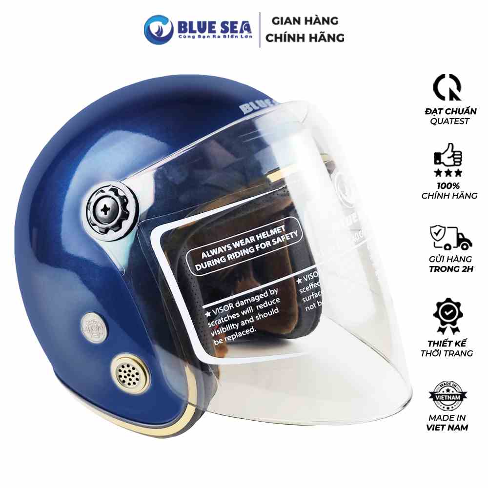 [Mã INBAU30 giảm 30K đơn 199K] Mũ Bảo Hiểm 3/4 - Blue Sea A100K - Màu Xanh Navy - Có Kính Chắn Gió Cao Cấp - Chính hãng