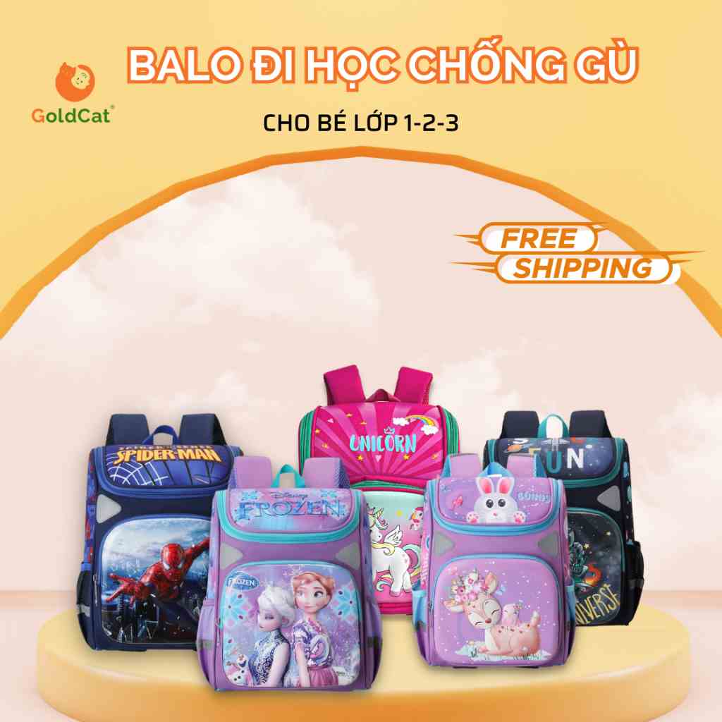 Balo đi học chống gù cho bé trai, bé gái lớp 1-5 siêu gọn, siêu nhẹ, chống thấm nước - GOLDCAT