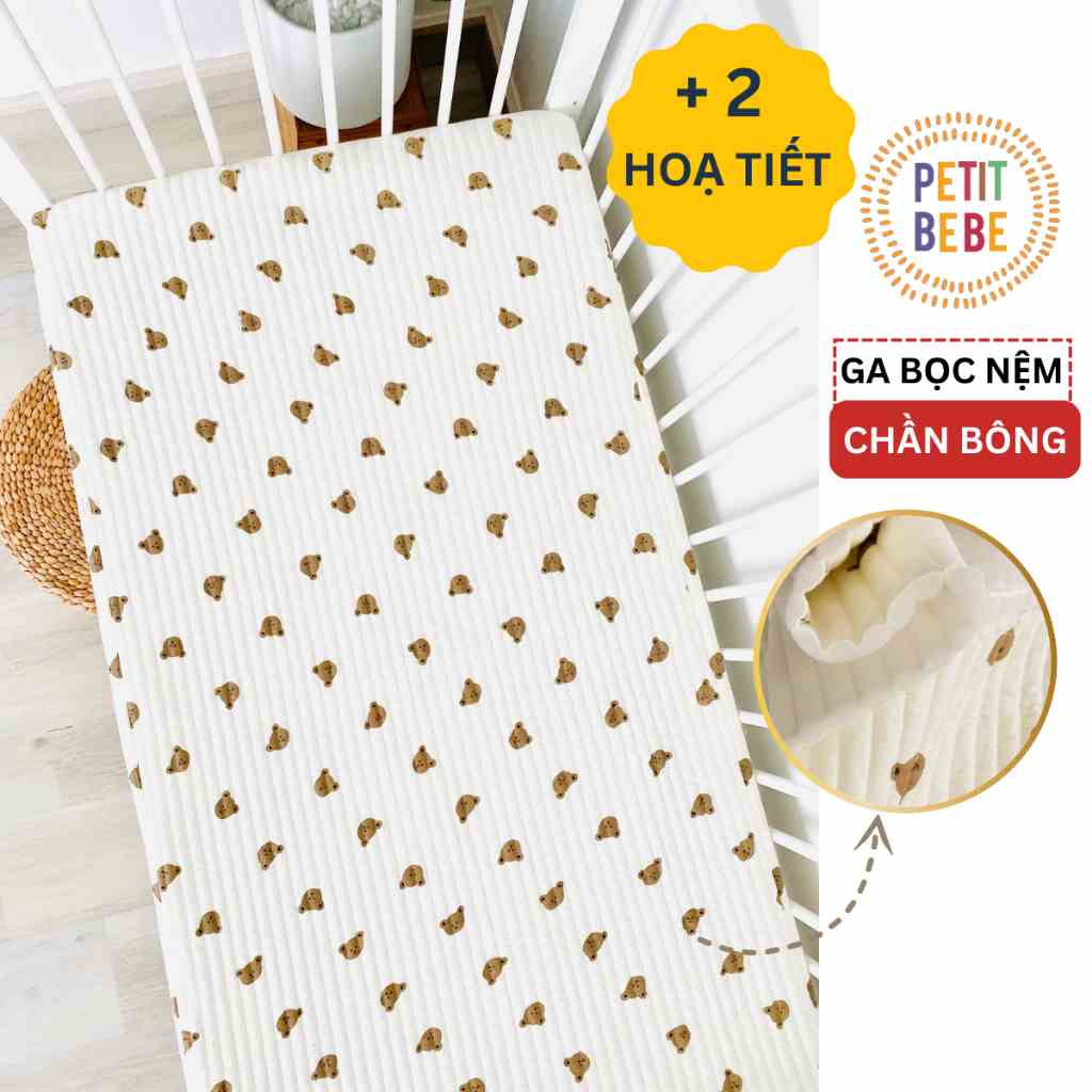 Ga chần bông bọc nệm cũi 70x130cm cho bé PETIT BEBE muslin bo chun