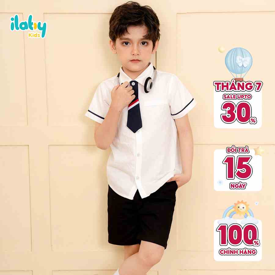 Áo sơ mi cộc tay bé trai ILABY cài cavat chất liệu thô cotton thấm hút mồ hôi cho bé 10-36kg [22IB1668D3SC]