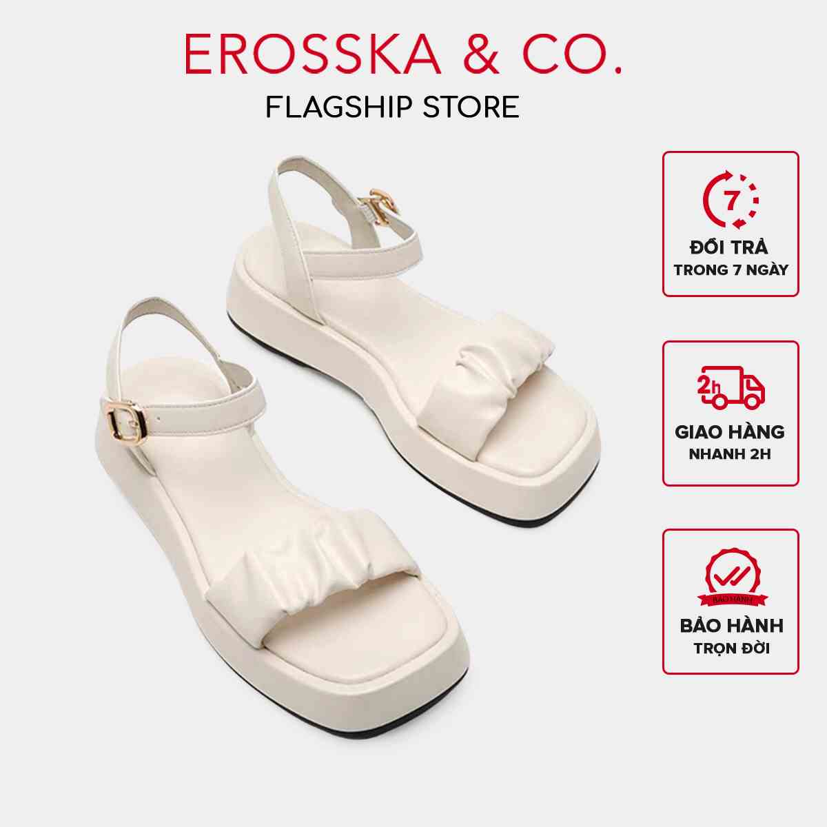 Erosska - Giày Sandal nữ đế xuồng quai nhún da mềm thoải mái cao 3cm màu kem - SB018