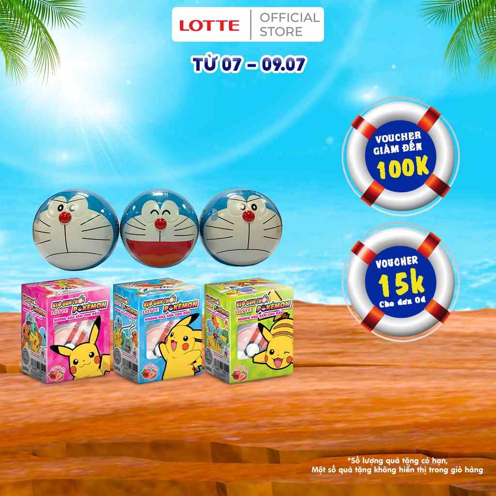 Combo 3+3 Bóng Doraemon kẹo gum hương Cam(3g) & Kẹo gum Lotte Pokemon Hương Dâu ( Mẫu Ngẫu Nhiên)