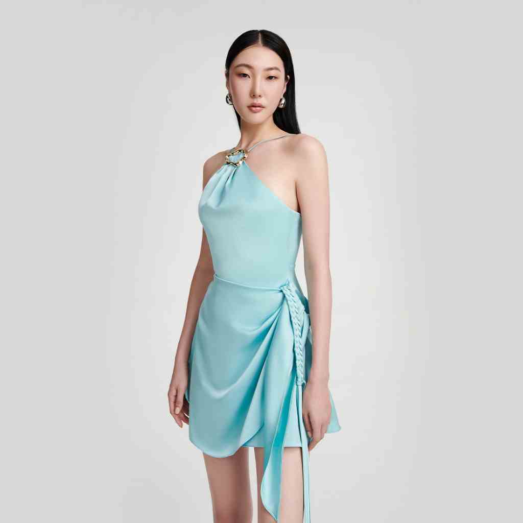 DEAR JOSÉ - Đầm lụa cổ yếm vải satin xanh tiffany