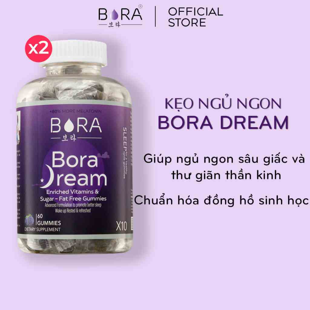 COMBO 2 Kẹo Ngủ Ngon Giấc BORA DREAM Hỗ Trợ Mất Ngủ Điều Hòa Đồng Hồ Sinh Học Hủ 60 viên