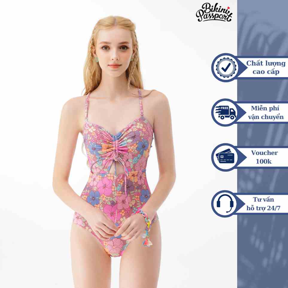 Đồ bơi Nữ BIKINI PASSPORT kiểu Một mảnh áo nhún phối dây cách điệu - màu Floral - BS430_FLO