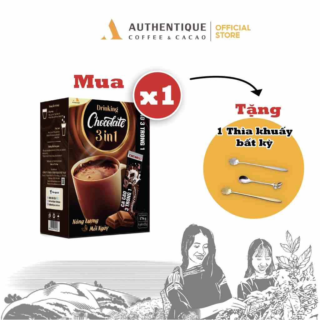 Bột Cacao sữa 3in1 Drinking Chocolate - Hộp 8 gói x 22g  - Đậm vị Socola | Authentique Cacao