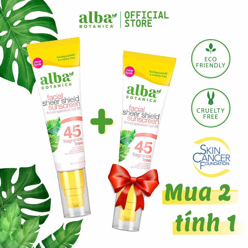 Kem chống nắng mỏng nhẹ dịu da ALBA BOTANICA FACIAL SHEER SHIELD SUNSCREEN SPF 45 FRAGRANCE FREE 59ml