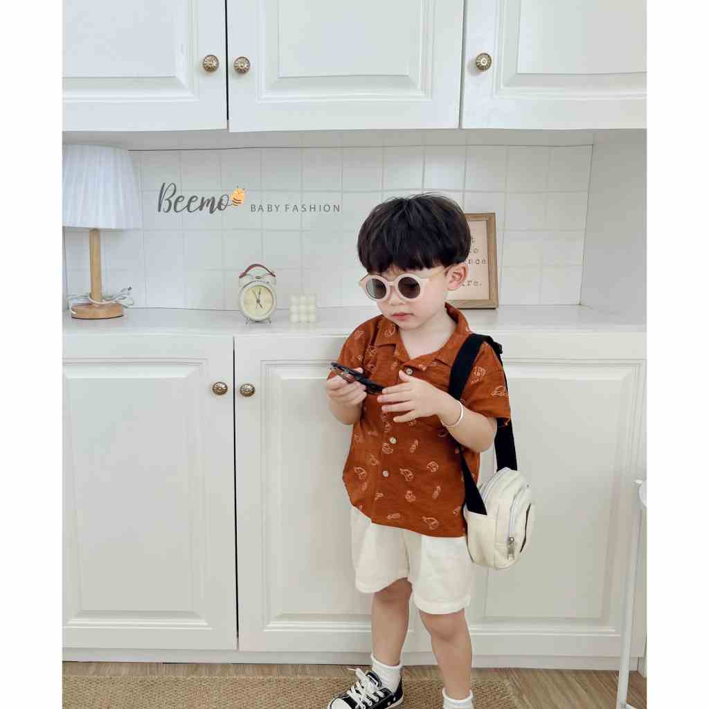 Set bộ sơ mi bé trai Beemo cổ ve in tràn hình ô tô vải áo cotton xược, quần kaki mặc hè, đi biển, đi chơi - 23287B