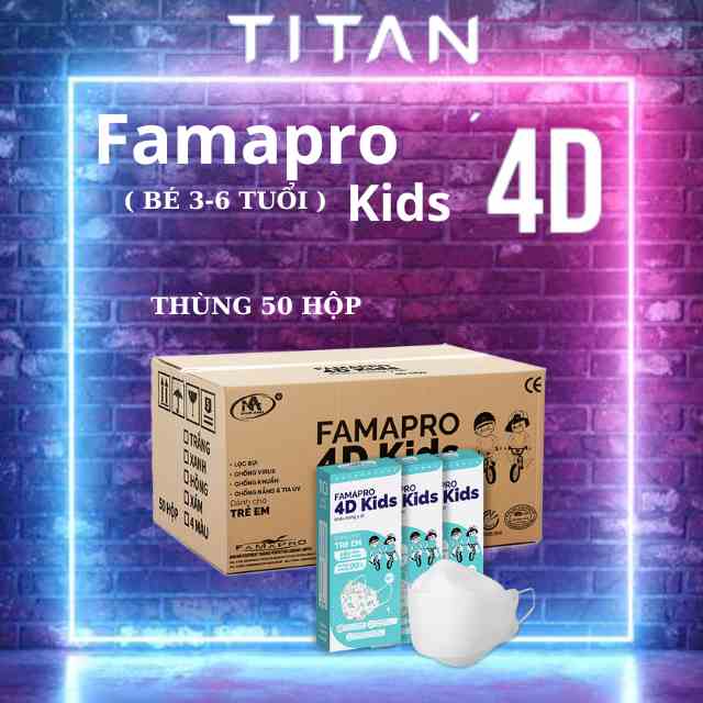 [Famapro 4D Kids - Bé 3~6 Tuổi] Thùng 50 Hộp Khẩu trang 3 lớp kháng khuẩn cao cấp (10 cái/ hộp)