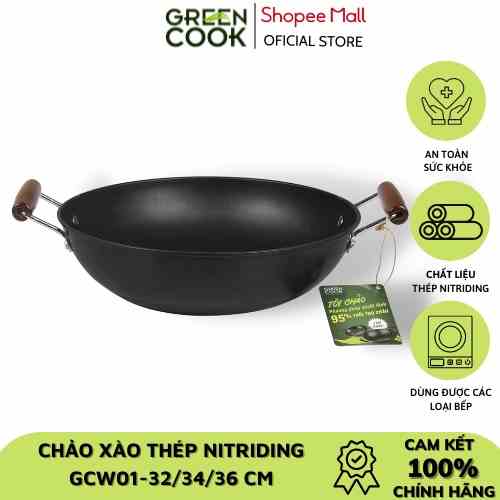 [Mã BMLTA35 giảm đến 35K đơn 99K] Chảo xào thép sâu lòng Nitriding Green Cook GCW01 dùng được trên tất cả các loại bếp