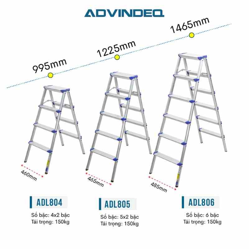 Thang nhôm gấp gọn chữ A ADVINDEQ ADL 4 bậc - 5 bậc - 6 bậc - Tải trọng 150kg - Đế cao su - Công nghệ Đài Loan