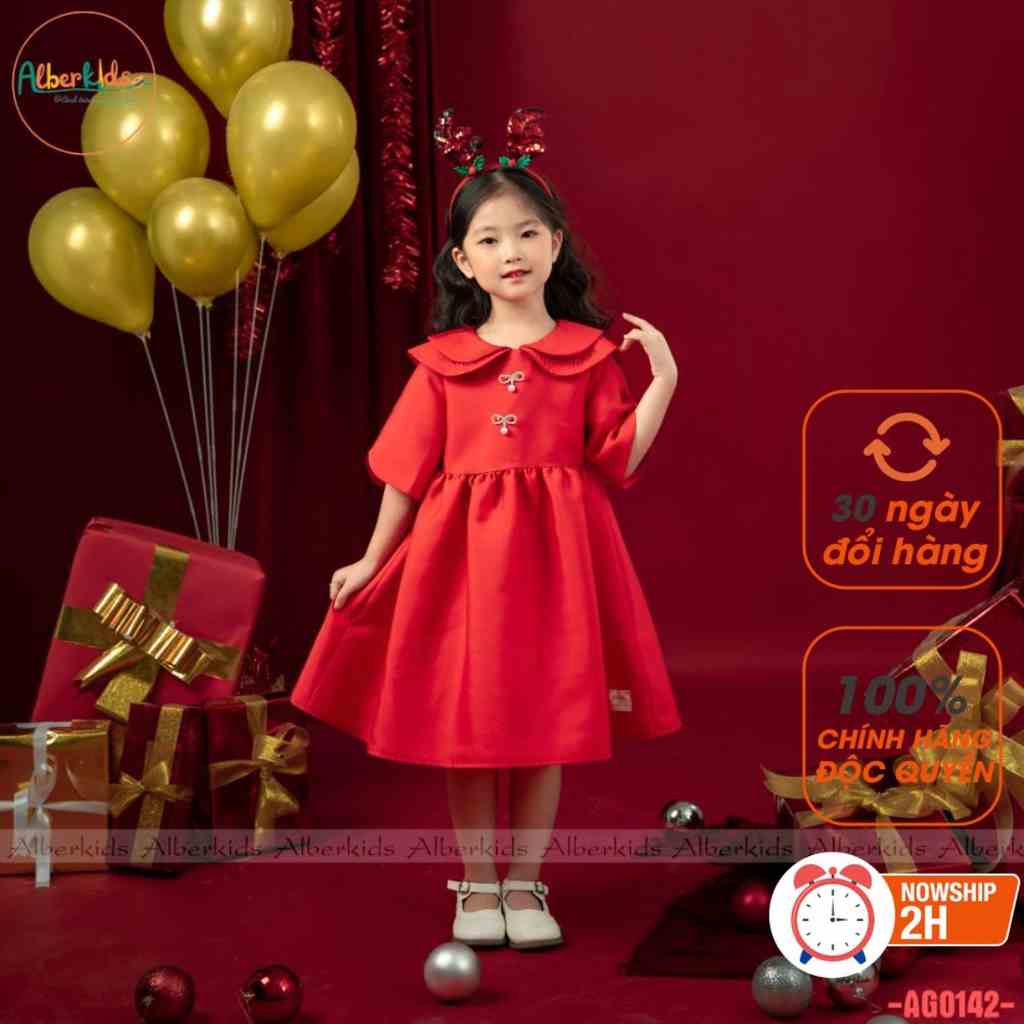 Váy bé gái ALBERKIDS cổ cánh sen đính nơ ngọc công chúa đỏ xinh đẹp cho trẻ em 2,3,4,5,6,7,8,9,10,11,12 tuổi [AG0142]