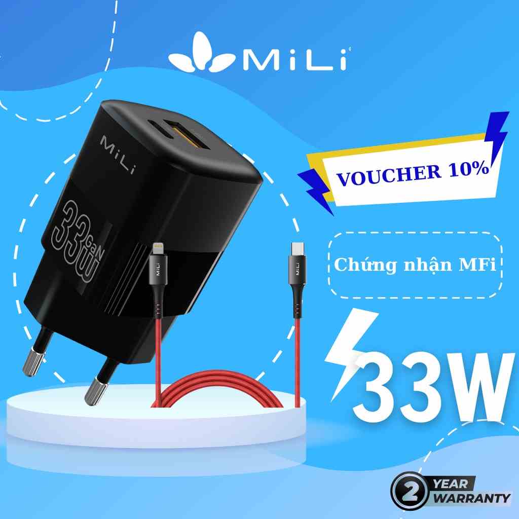 Combo sạc nhanh MILI PD33W cho táo (Sạc MiLi PD33W GaN - HC-H33 và Cáp sạc USB C to L MiLi HI-L90RD)